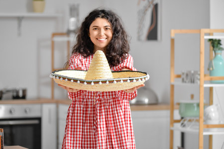Young beautiful woman in sombrero hat at homeの写真素材
