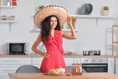 Young woman with sombrero hat in kitchenの写真素材
