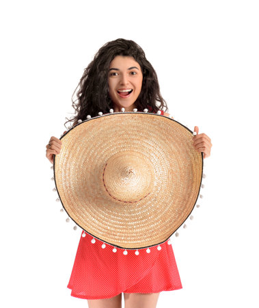 Young beautiful woman in sombrero hat on white backgroundの写真素材