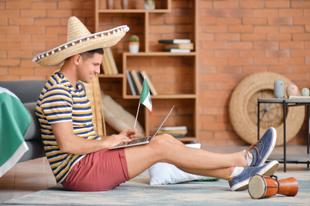 Handsome man in sombrero hat using laptop at homeの写真素材