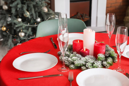 Interior of dining room decorated for Christmasの写真素材