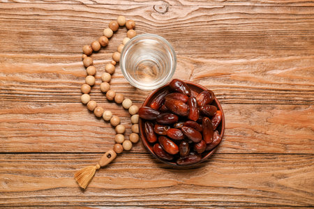 Plate with dates, glass of water and prayer beads for Ramadan on wooden backgroundの写真素材
