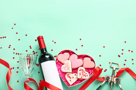 Composition with bottle of wine, corkscrew, glass and cookies on color background. valentine's day celebrationの写真素材