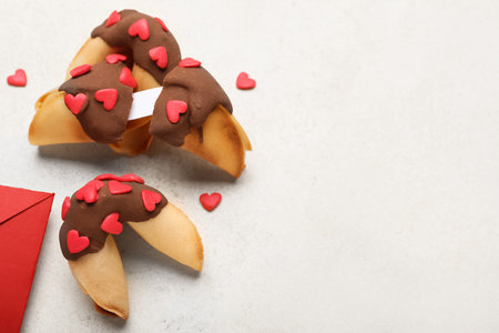 Tasty fortune cookies on light background, closeup. Valentine's Day celebrationの写真素材