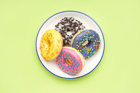 Plate with different delicious donuts on green backgroundの写真素材