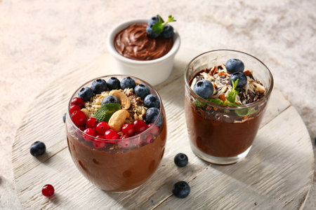 Board with glasses and bowl of delicious chocolate pudding, berries and almond on white table