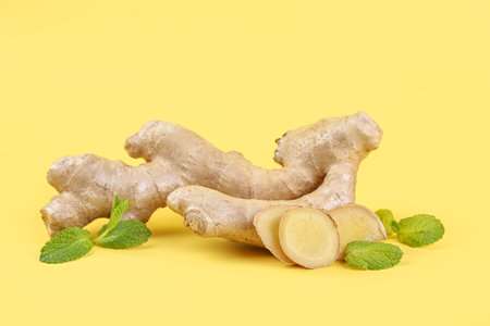 Fresh ginger roots, slices and mint on yellow backgroundの写真素材