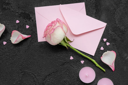 Composition with rose flower, envelopes and candles on dark background, closeup. Valentine's Day...