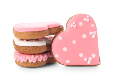 Stack of tasty heart shaped cookies on white background. Valentine's Day celebrationの写真素材