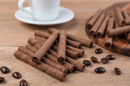 Tray with tasty rolled wafer cookies, coffee beans and cup on wooden backgroundの写真素材