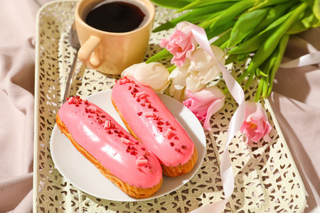 Tray with delicious eclairs and flowers on light backgroundの写真素材