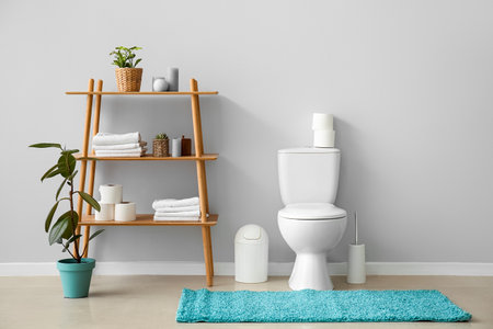 Interior of restroom with ceramic toilet bowl and shelving unit