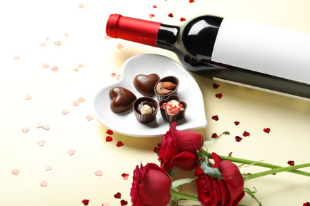 Bottle of wine, chocolate candies and rose flowers on beige background. Valentine's Day celebrationの写真素材