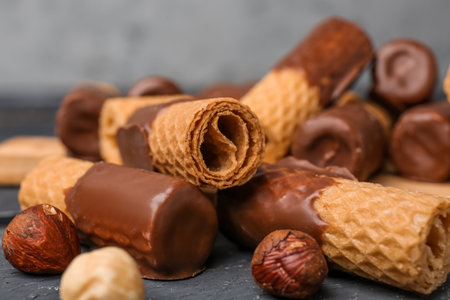 Delicious wafer rolls and hazelnuts on grunge background, closeupの写真素材