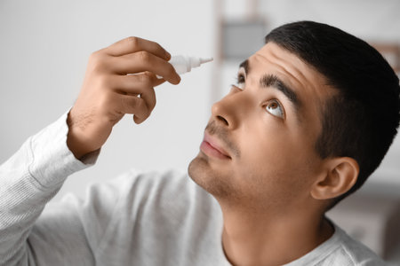 Young man using eye drops at home, closeupの写真素材