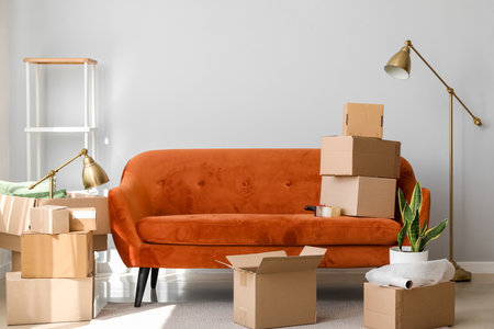 Cardboard boxes with red sofa and lamps in living room on moving day