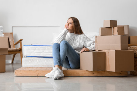Dreaming young woman with cardboard boxes in bedroom on moving day