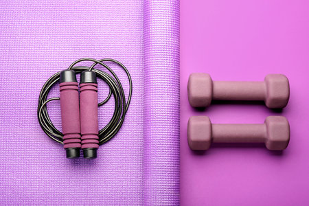 Skipping rope with fitness mat and dumbbells on violet backgroundの写真素材