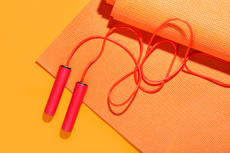 Skipping rope with fitness mat on orange backgroundの写真素材