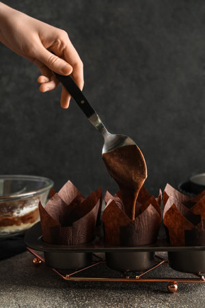 Woman putting dough for muffins into tray on dark background, closeup