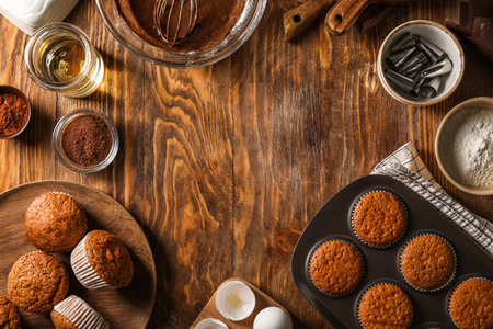 Frame made of tasty muffins, ingredients and utensils on wooden backgroundの写真素材