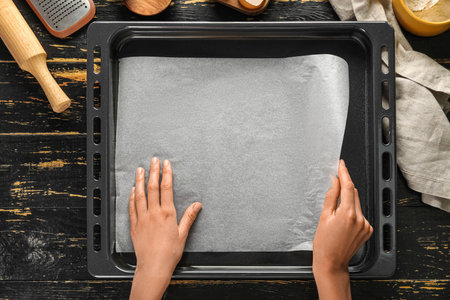 Woman with parchment paper and baking tray on dark wooden backgroundの写真素材