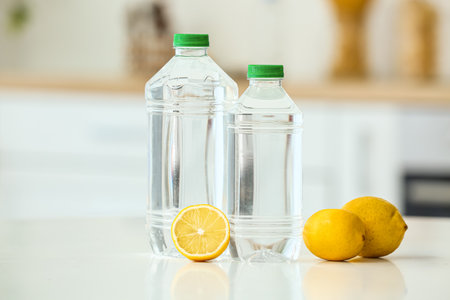 Bottles of water and lemons on table in kitchenの写真素材