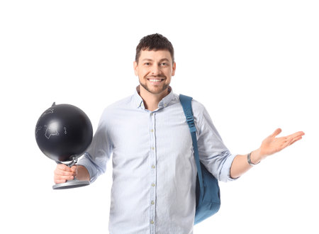 Male tourist with globe on white backgroundの写真素材