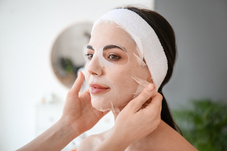 Cosmetologist applying sheet mask on woman's face in beauty salonの写真素材