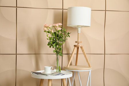 Tables with decor near color wallの写真素材