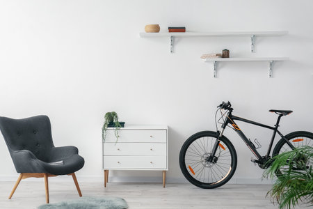 Modern bicycle in interior of living roomの写真素材