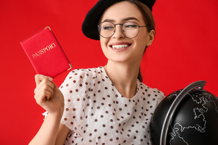 Female tourist with globe and passport on color backgroundの写真素材