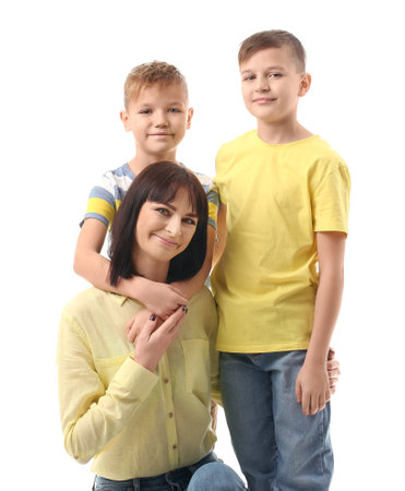 Happy mother and cute children on white backgroundの写真素材