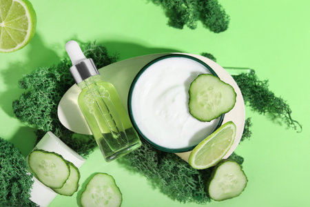 Cosmetic dropper bottle with jar of cream, green moss, cucumber slices and lime on color backgroundの写真素材