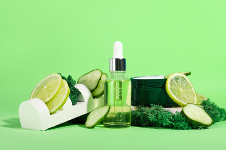 Cosmetic dropper bottle with jar of cream, green moss, cucumber slices and lime on color backgroundの写真素材