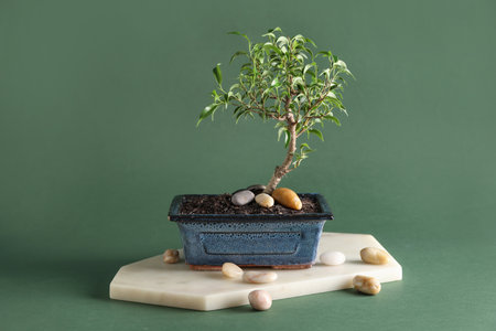 Board with Bonsai tree and pebbles on green background