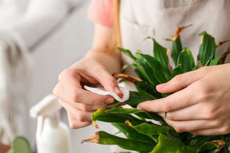Woman wiping leaf of wilted houseplant with cotton pad at home, closeupの写真素材