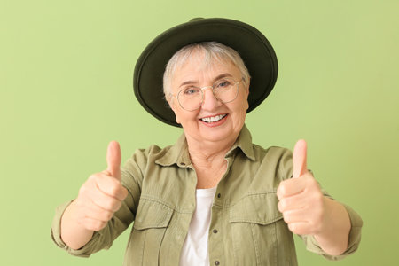 Senior woman showing thumb-up on color background
