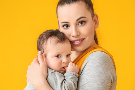 Young mother with little baby in sling on color backgroundの写真素材