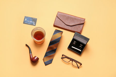 Stylish male accessories on color backgroundの写真素材