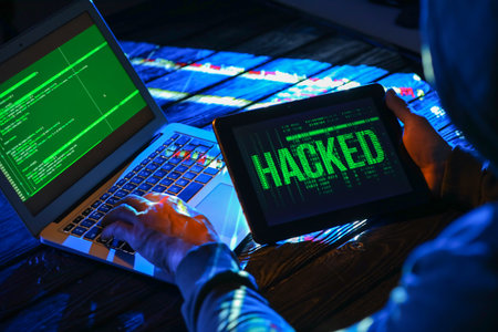 Hacker using computers in dark room