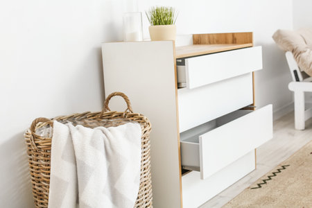 Modern living room with chest of drawers and basketの写真素材