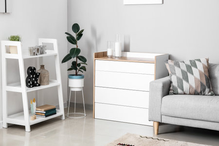 Modern living room with chest of drawers and sofaの写真素材