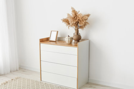 Modern chest of drawers near light wall in roomの写真素材