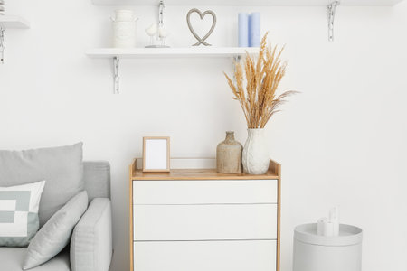 Modern living room with chest of drawers and sofaの写真素材