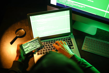 Hacker with mobile phone using computer in dark room