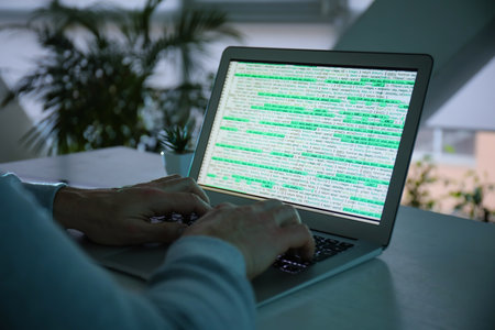 Hacker using computer in dark room