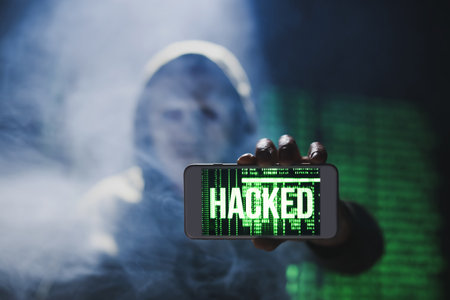 Hacker holding mobile phone with word HACKED on screen against dark backgroundの写真素材