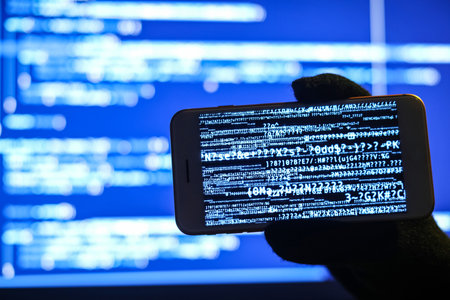 Hacker with mobile phone near screen of computer