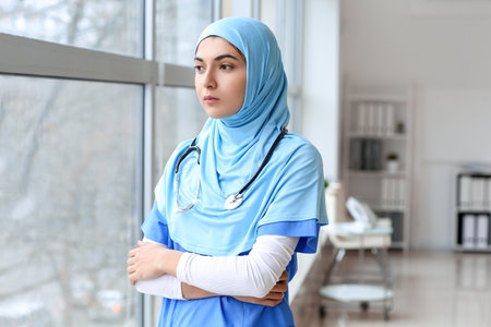 portrait of female muslim doctor in clinicの写真素材